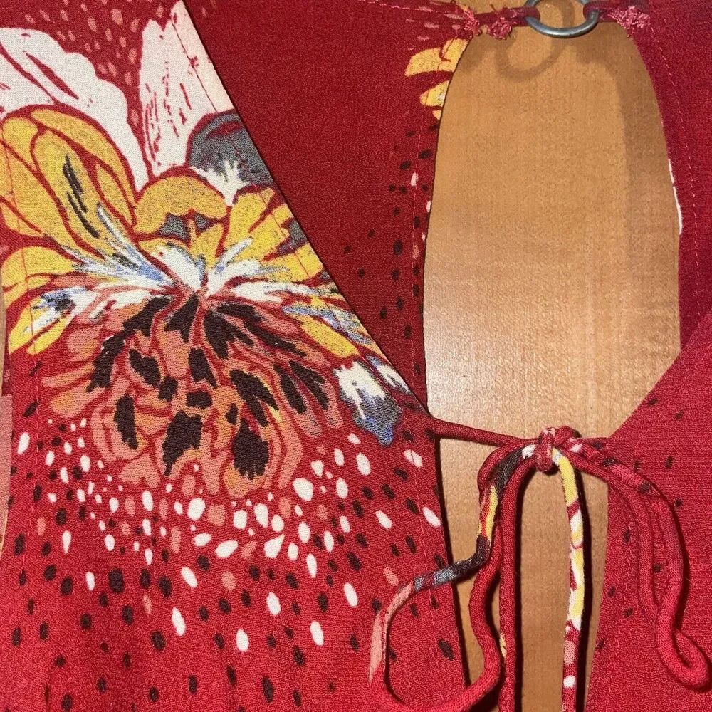 Free People S Lovely Day Red Floral Tunic Dress Cut Out Back Tie Front - Picture 4 of 5